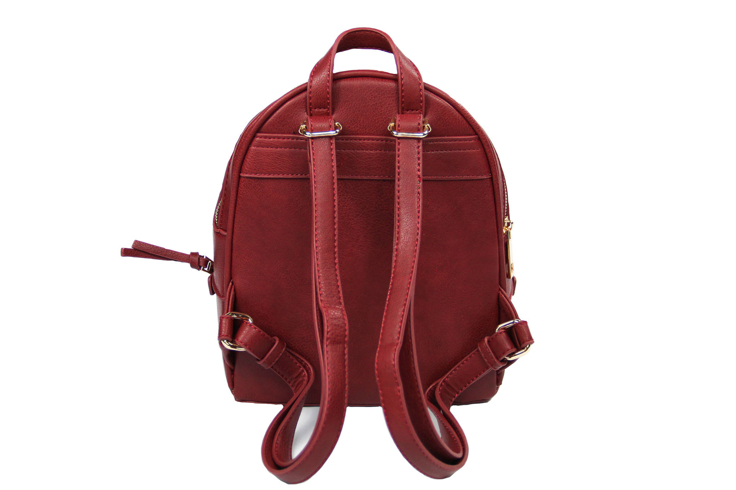 Burgundy Backpack Purse for School, Travel, and Shopping. Made with Adjustable Straps and Multiple Zippers and Pockets for Storage. PU Leather & Polyester Lining. Gold Detail.