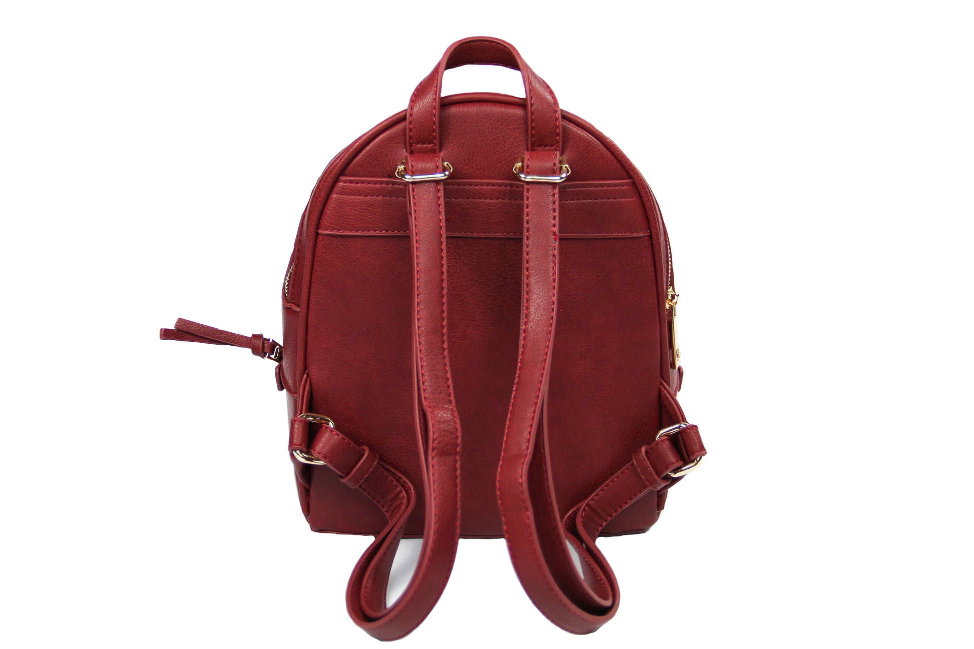 Burgundy Backpack Purse for School, Travel, and Shopping. Made with Adjustable Straps and Multiple Zippers and Pockets for Storage. PU Leather & Polyester Lining. Gold Detail.
