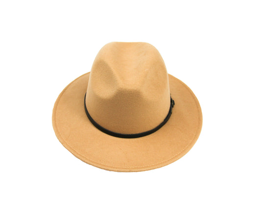 Women's Flat Wide Brim Felt Material Camel Brown Fedora Hat. Has A Side Black Belt Buckle Detail. Pinched Crown. Perfect for A Statement Piece.