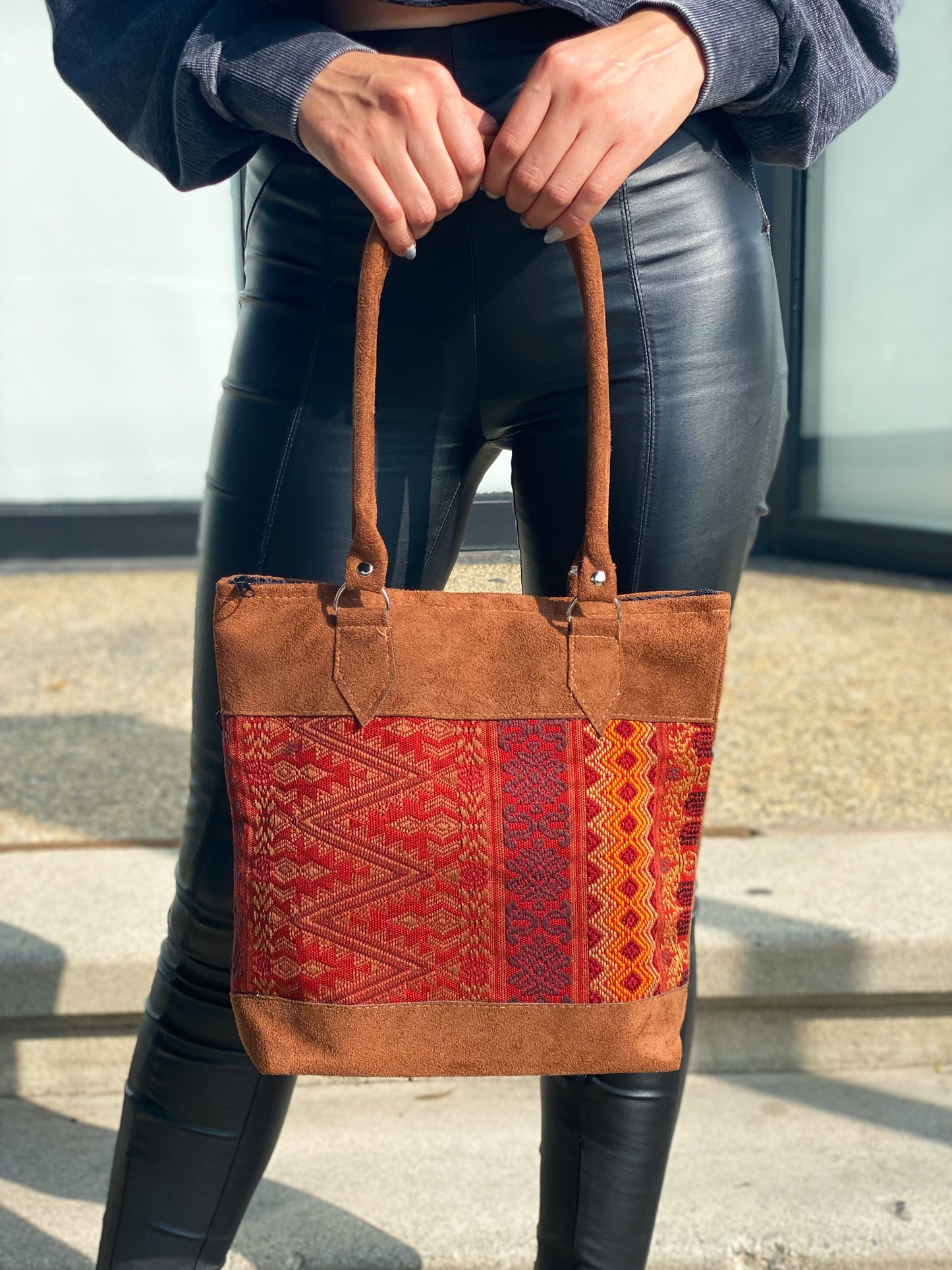 Red Handwoven Geometric Embroidery Detail Shoulder Bag Handbag Purse Faux Suede 9” strap drop 12” Width x 10 3/4” Height Back Zipper Pocket Poly Lining Boho Bag Tribal Bag Made In Guatemala