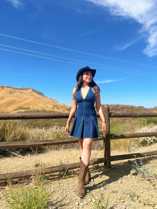 Woman in a blue dress and cowboy hat standing in a desert landscape with a wooden fence and clear sky.