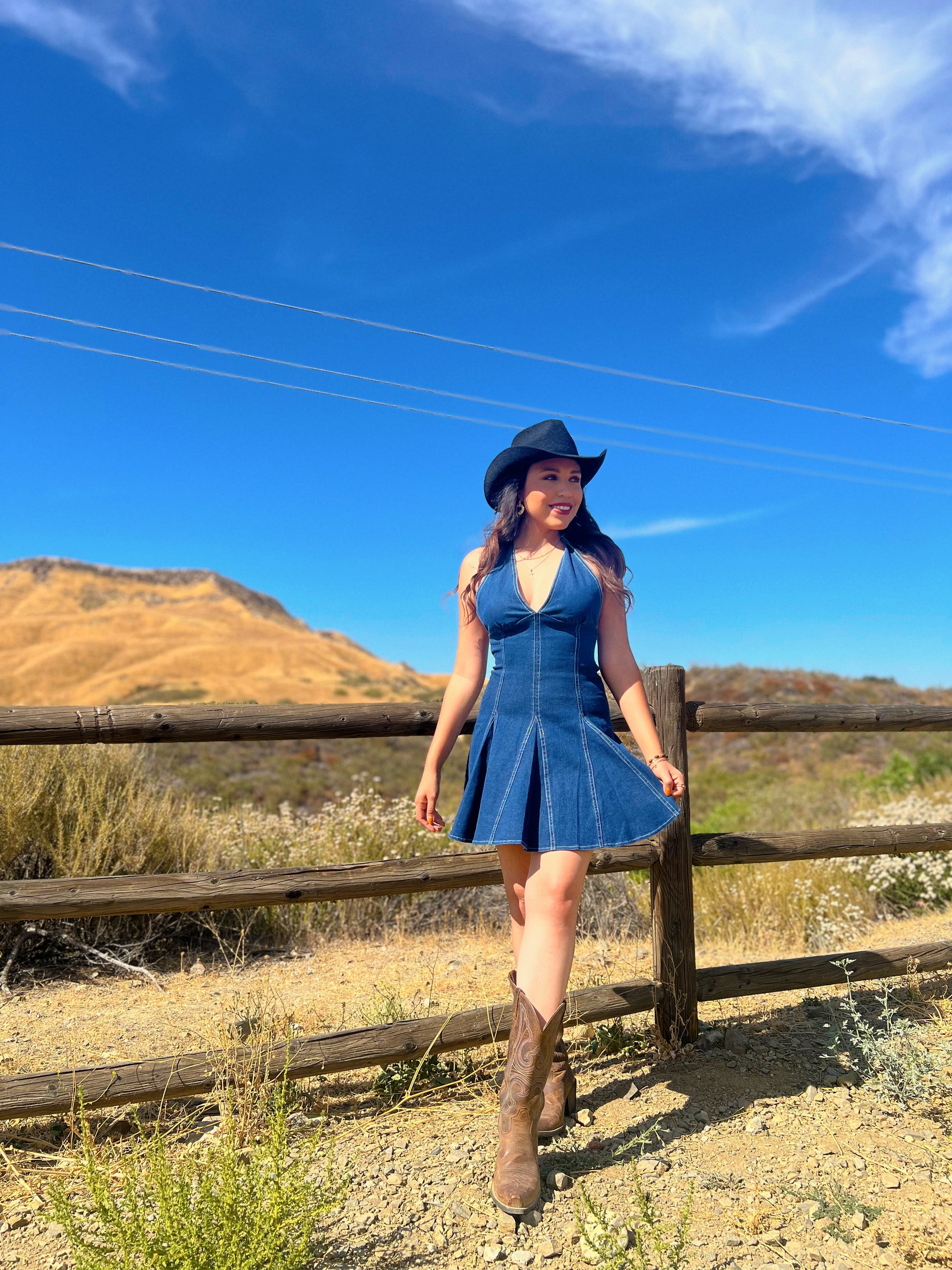 Woman in a blue dress and hat standing by a wooden fence with mountains in the background