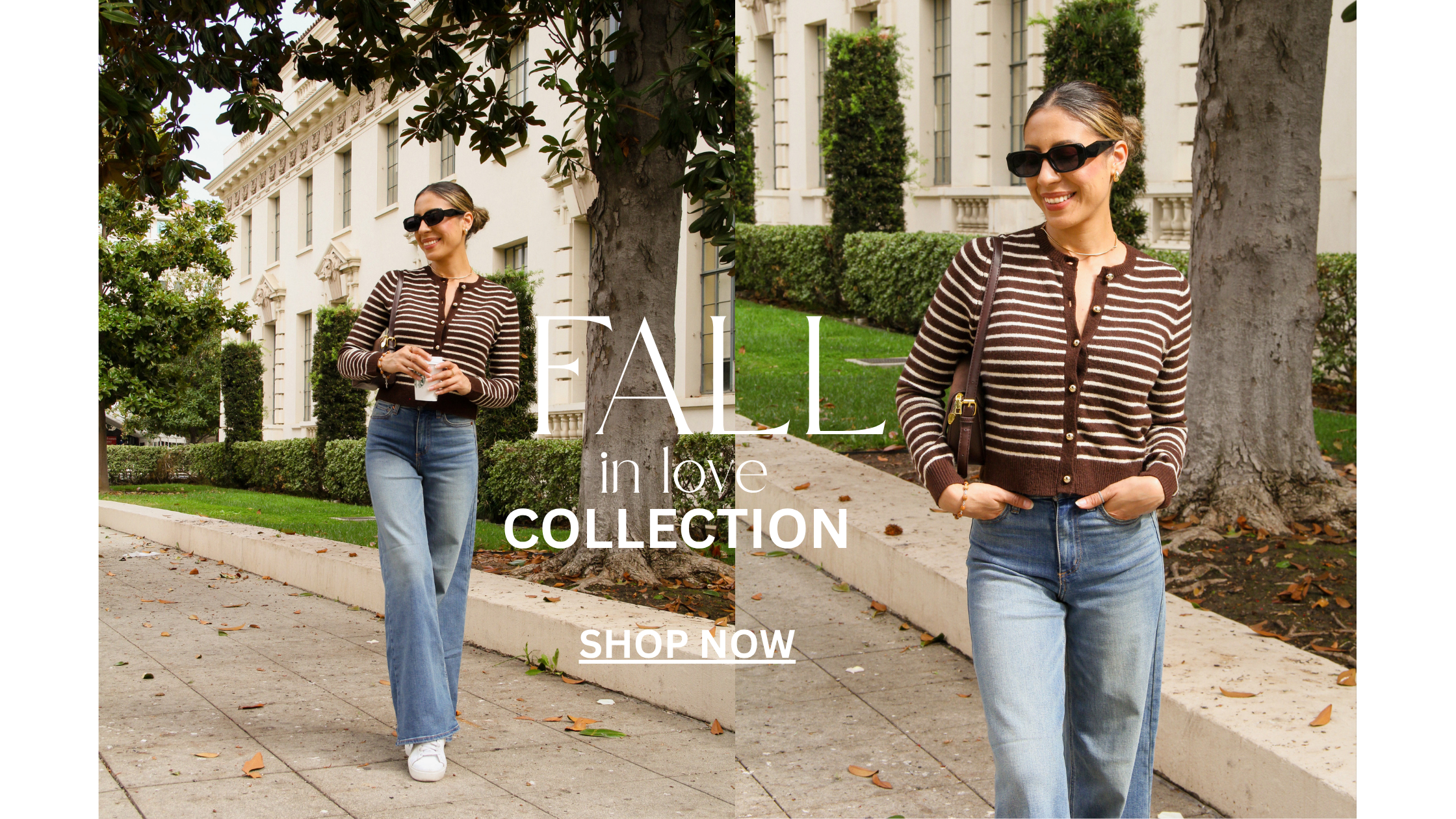Two women walking on a sidewalk with 'Fall in Love Collection' text overlay.