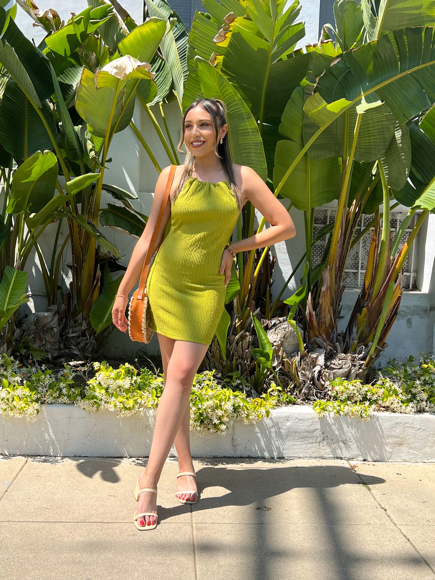 A brown skinned latina girl is wearing a lime green short halter neck tie summer dress. She is pairing the dress with nude sandals and brown bag. She has her hair half up half down. She is standing with her left leg in front of her. There is green palm trees behind her. 