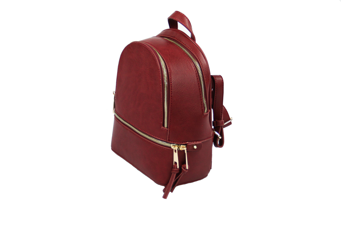 Burgundy Backpack Purse for School, Travel, and Shopping. Made with Adjustable Straps and Multiple Zippers and Pockets for Storage. PU Leather & Polyester Lining. Gold Detail. 
