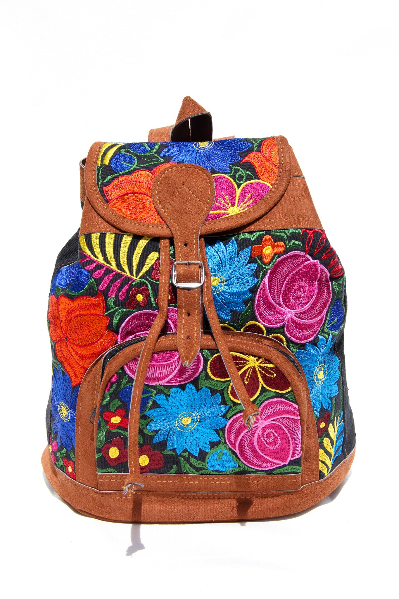 colorful huipil floral embroidery backpack with black woven fabric and faux suede contrast with adjustable straps and front buckle closure with front zipper pocket the prefect travel, hiking or beach bag unique bag great for back to school take this bag on your next destination boho bag and hippie style bag a great standout accessories made in Guatemala