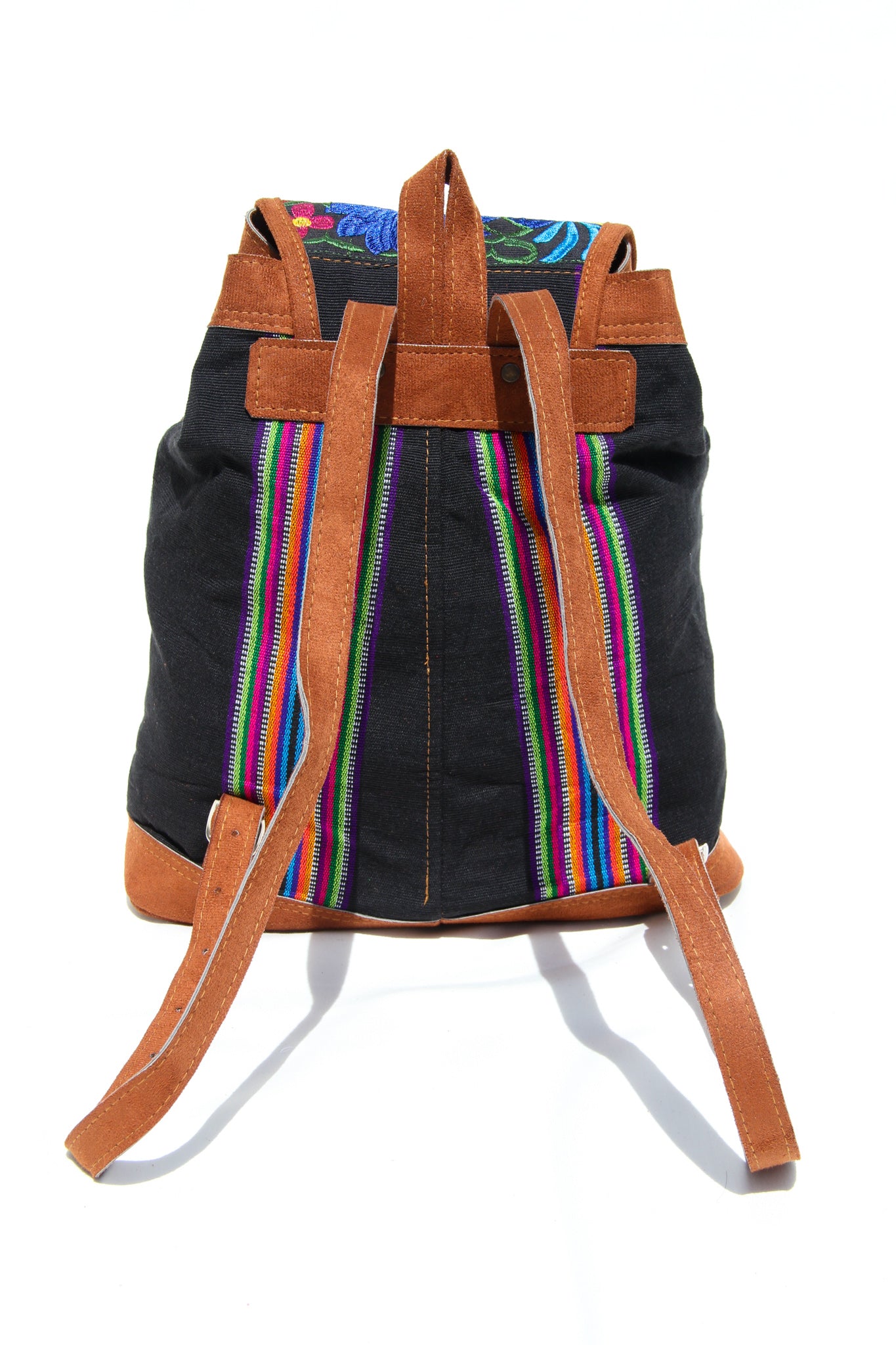 colorful huipil floral embroidery backpack with black woven fabric and faux suede contrast with adjustable straps and front buckle closure with front zipper pocket the prefect travel, hiking or beach bag unique bag great for back to school take this bag on your next destination boho bag and hippie style bag a great standout accessories made in Guatemala