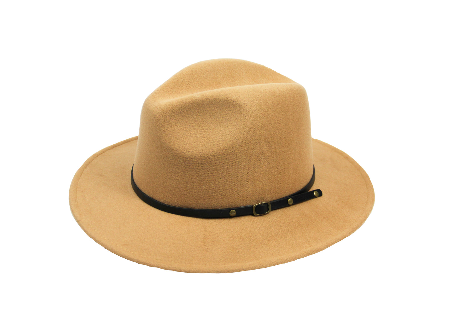 Women's Flat Wide Brim Felt Material Camel Brown Fedora Hat. Has A Side Black Belt Buckle Detail. Perfect for A Statement Piece. 