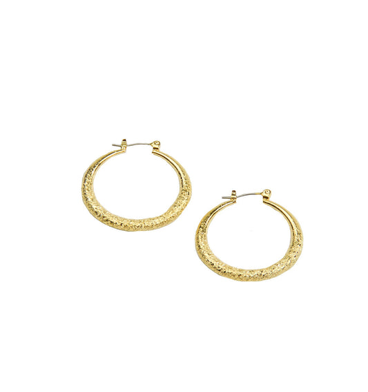 Gold Hoop Earrings. Medium Size  1 1/2'' Long Engraved Detail Latch Back Closure Made in Korea