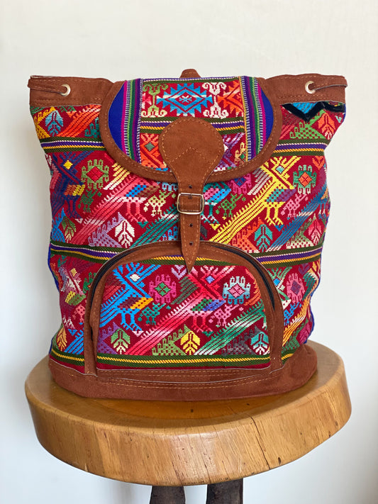 Handmade in Guatemala Handwoven Intricate Fabric Front Zipper Pocket Adjustable Straps Belt Buckle Closure.