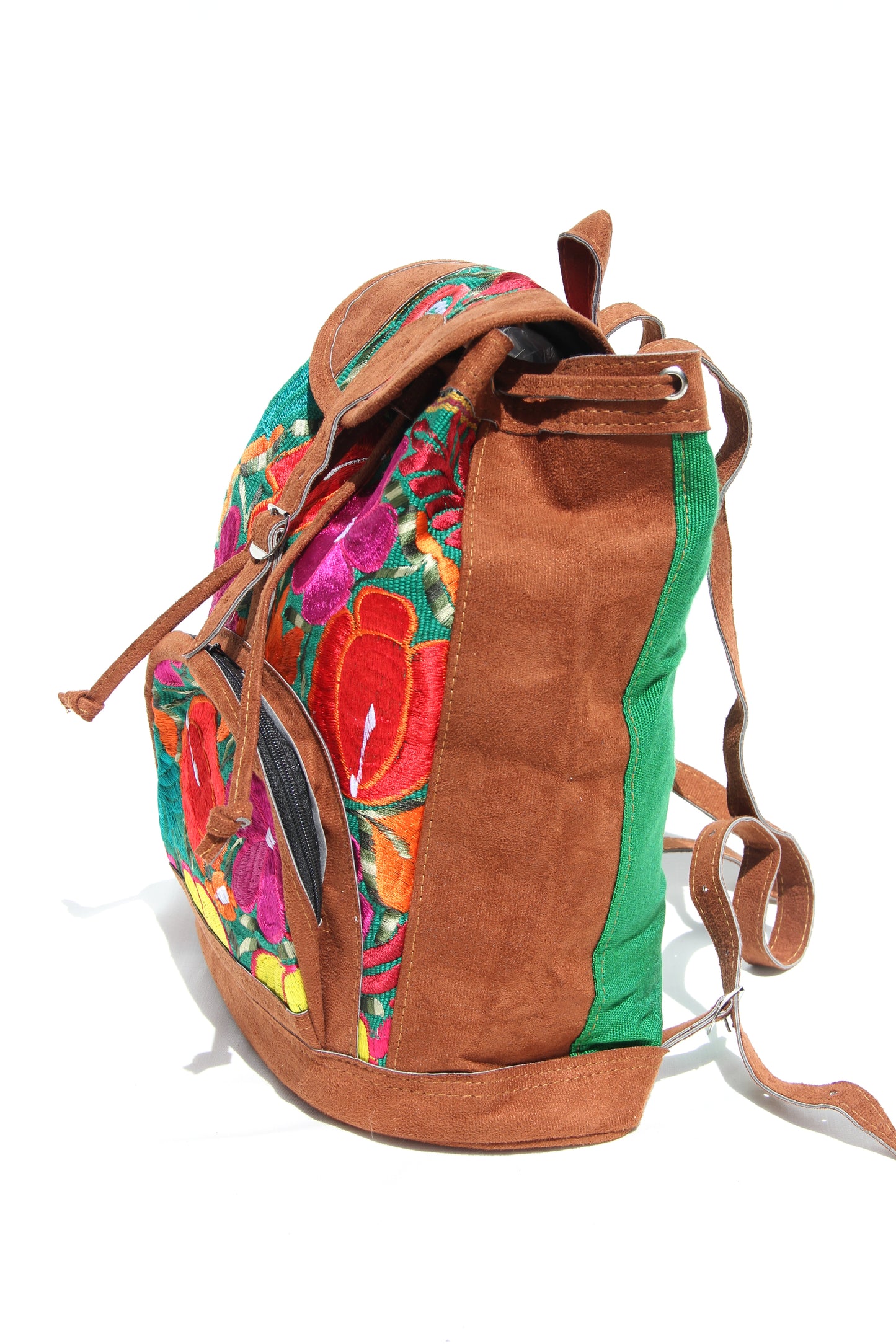 colorful huipil floral embroidery backpack green woven fabric and faux suede contrast with adjustable straps and front buckle closure with front zipper pocket the prefect travel, hiking or beach bag unique bag great for back to school take this bag on your next destination boho bag and hippie style bag a great standout accessories made in Guatemala