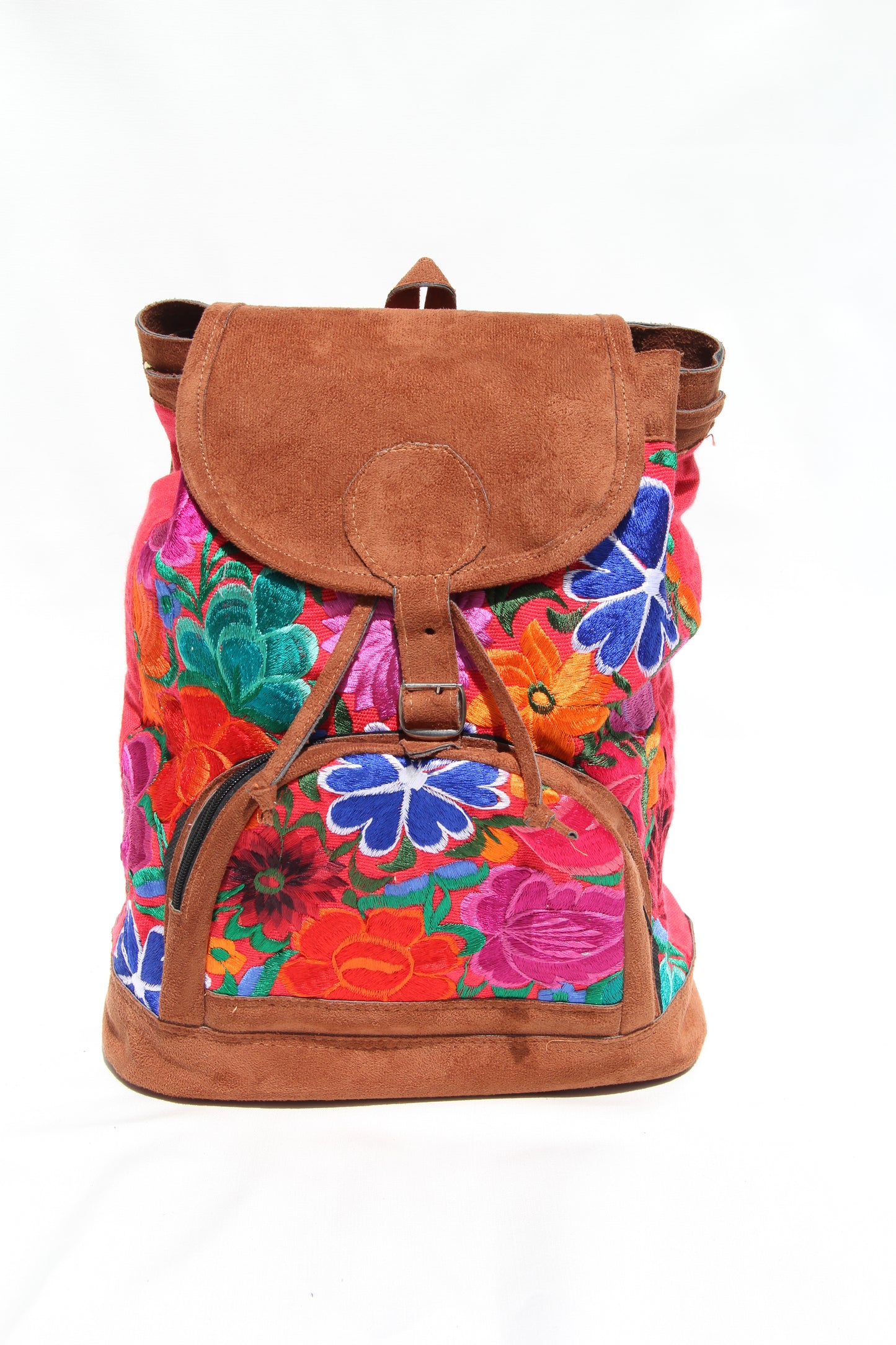 colorful huipil floral embroidery backpack coral woven fabric and faux suede contrast with adjustable straps and front buckle closure with front zipper pocket the prefect travel, hiking or beach bag unique bag great for back to school take this bag on your next destination boho bag and hippie style bag a great standout accessories made in Guatemala