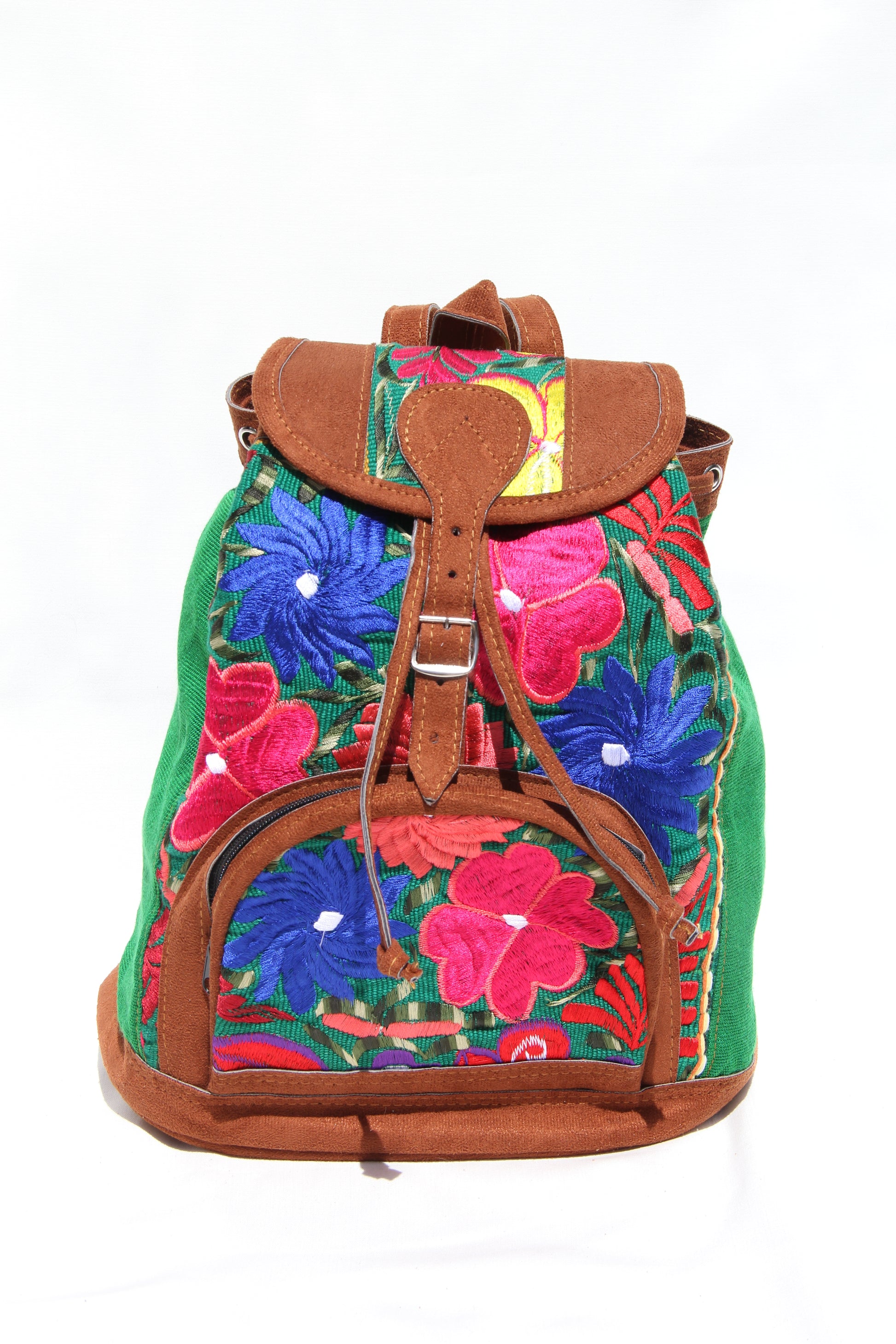 colorful huipil floral embroidery backpack green woven fabric and faux suede contrast with adjustable straps and front buckle closure with front zipper pocket the prefect travel, hiking or beach bag unique bag great for back to school take this bag on your next destination boho bag and hippie style bag a great standout accessories made in Guatemala