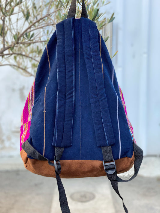 Stripped Multi Color Handwoven Fabric Backpack. Handmade in Guatemala. Perfect back to school backpack or Travel Bag. Cotton Fabric. Pink and Blue stripes.
