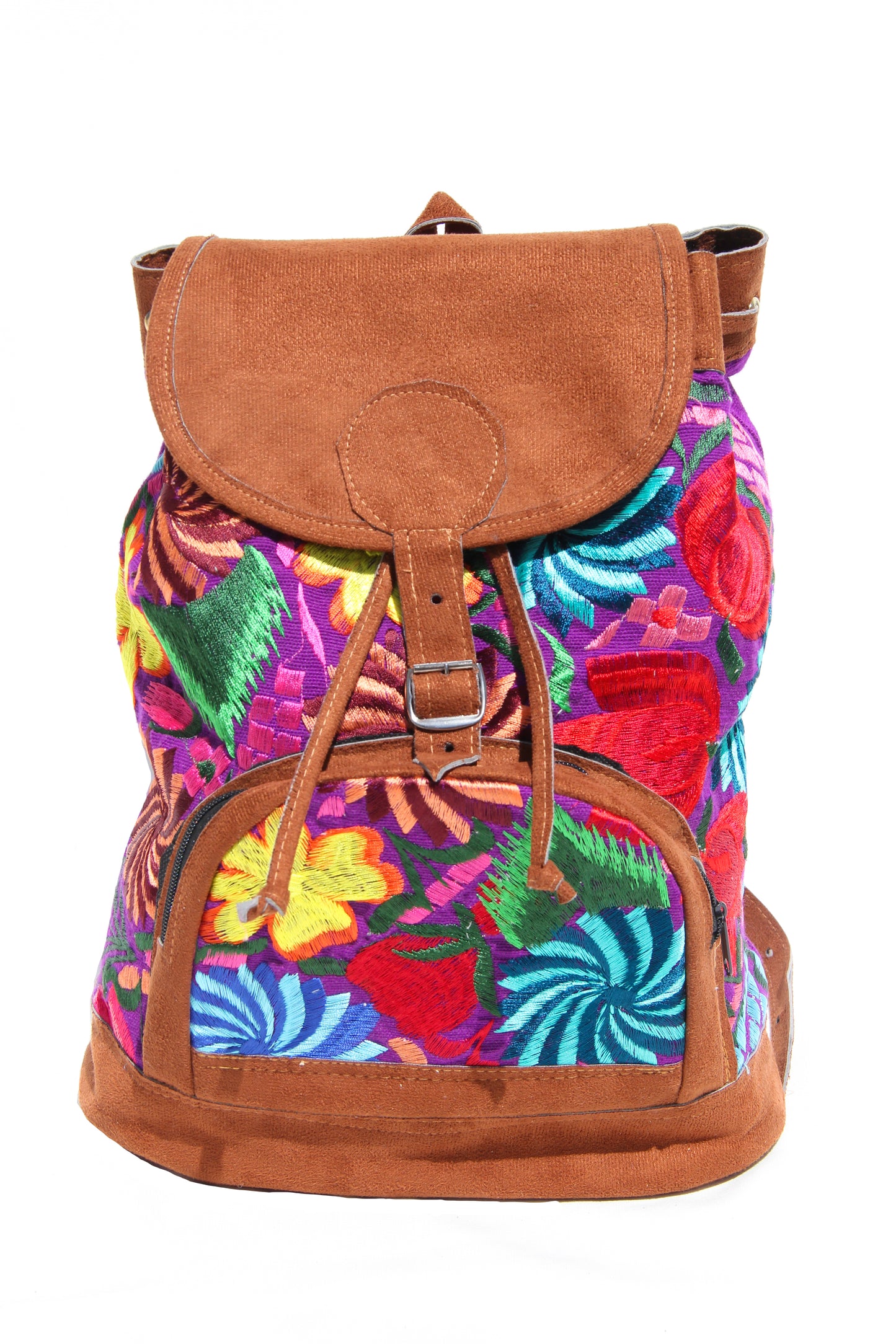 colorful huipil floral embroidery backpack purple woven fabric and faux suede contrast with adjustable straps and front buckle closure with front zipper pocket the prefect travel, hiking or beach bag unique bag great for back to school take this bag on your next destination boho bag and hippie style bag a great standout accessories made in Guatemala
