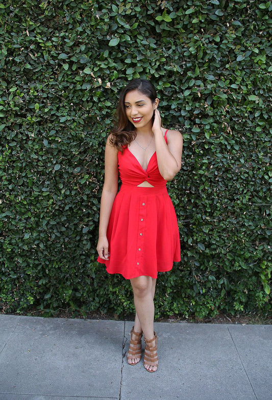 Red Front Button Down Party Flare Dress. Cutout Twisted Detail Adjustable Straps. Side Pockets. Bow Tie Back. Back Zipper Closure. Shop for a variety of dresses