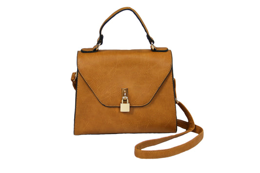 Tan Trapezoid Satchel Handbag with Front Padlock. PU Leather & Polyester Lining. Snap Closure and Top Handle. Has Adjustable Straps.Tawny Handbag Trapezoid Purse Crossbody Bag Removable & Adjustable Straps Front Padlock  Snap Closure PU Leather. Perfect bag to complete your day to night outfit. Shop for more styles and colors