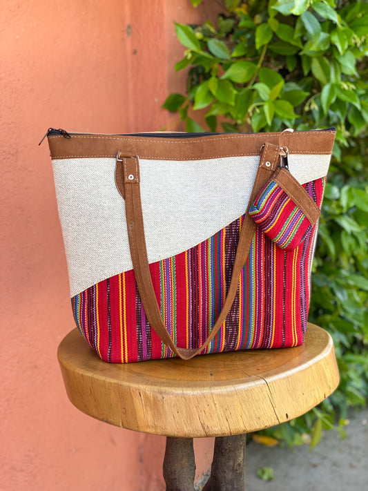 Canvas Fabric | Guatemalan Design Faux Leather Straps Coin Wallet Keychain  Top Zipper Closure Inner Zipper Pocket  16'' Width x 12 1/2'' Height Made in Guatemala