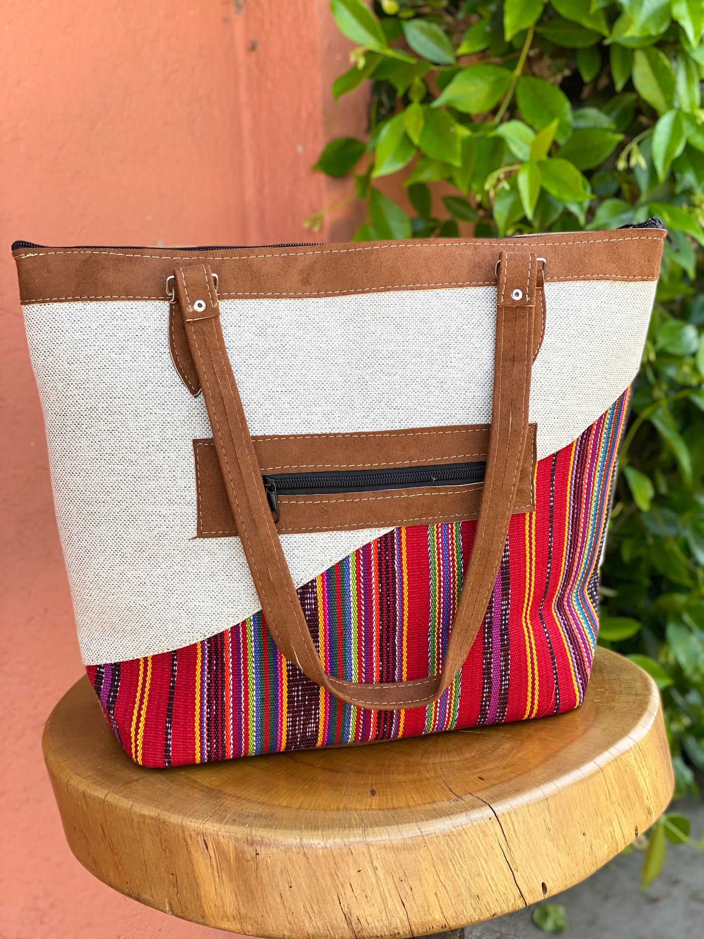 Canvas Fabric | Guatemalan Design Faux Leather Straps Coin Wallet Keychain  Top Zipper Closure Inner Zipper Pocket  16'' Width x 12 1/2'' Height Made in Guatemala