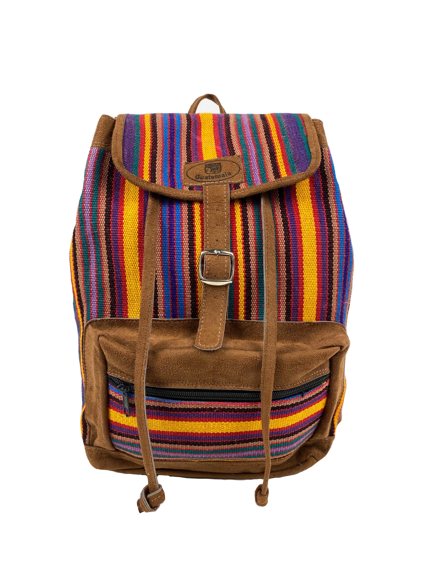 Colorful stripped handwoven fabric Handmade in Guatemala. Using intricate fabric. Front zipper pocket. Adjustable straps. Belt buckle closure. Available in 2 different styles. This one comes in bright purple. Perfect for school, shopping, and travel.